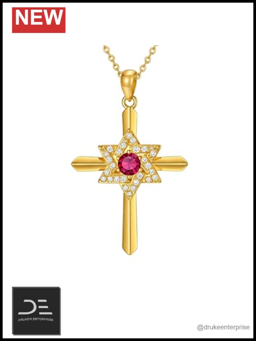14K Gold Cross Pendant Necklace with Ruby Birthstone Religious Jewelry Gift
